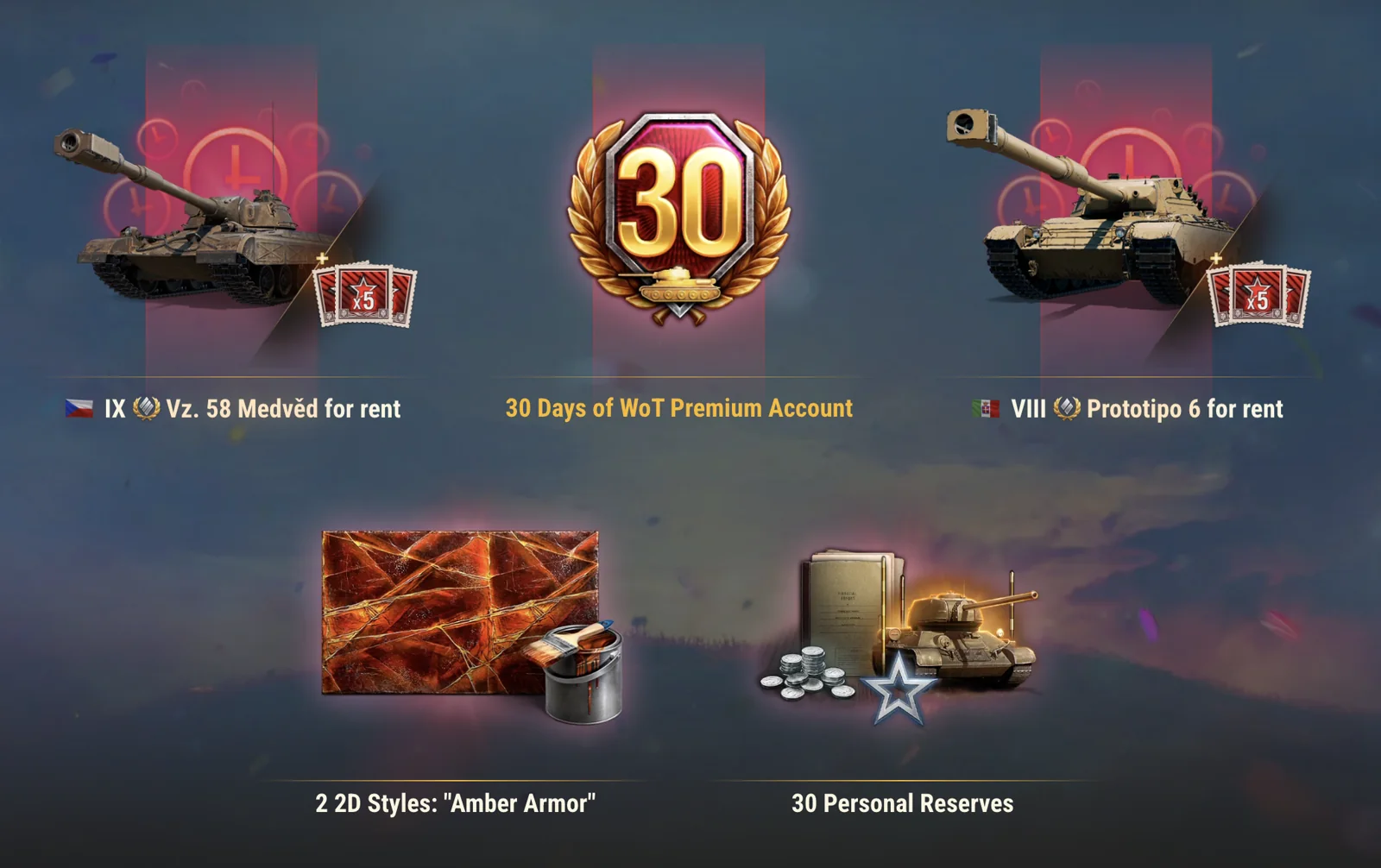 New-player rewards: Vz. 58 Medvěd and Prototipo 6 rentals, 30 days of WoT Premium, two Amber Armor styles, and 30 Personal Reserves